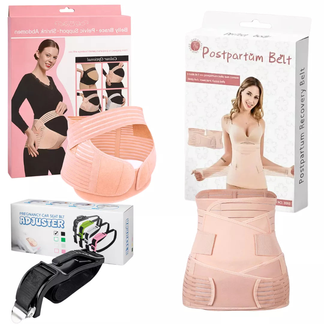 A 3-in-1 maternity support bundle, including a seat belt adjuster, belly support band, and postpartum abdominal support belt.