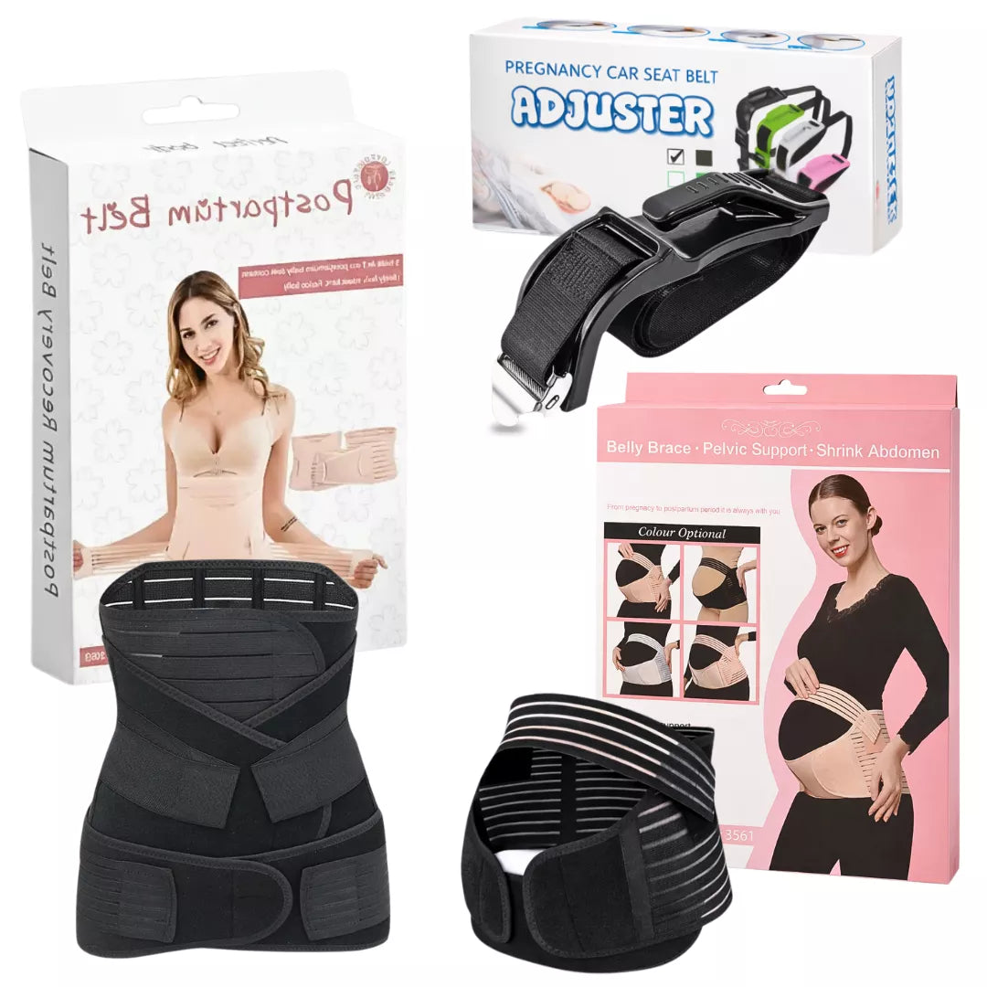 A 3-in-1 black maternity support bundle includes a seat belt adjuster, belly support band, and postpartum abdominal girdle.