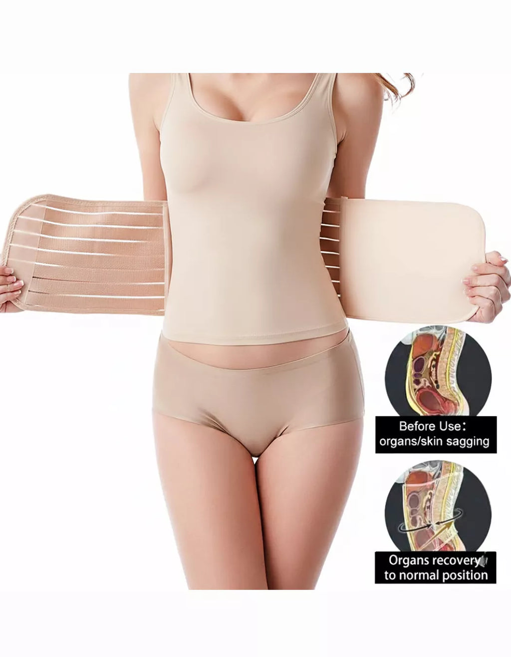A woman wearing a beige abdominal binder support belt with before and after illustrations on a white background.