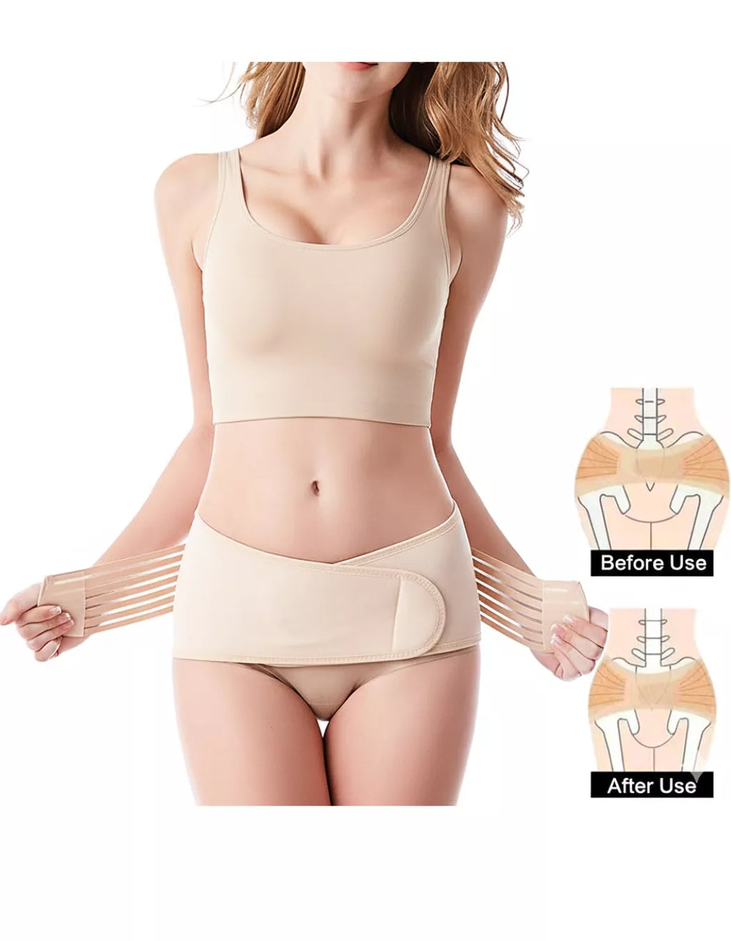 A woman wearing a beige C-section pelvis support belt with before and after illustrations on a white background.