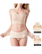 A woman wearing a beige C-section pelvis support belt with before and after illustrations on a white background.