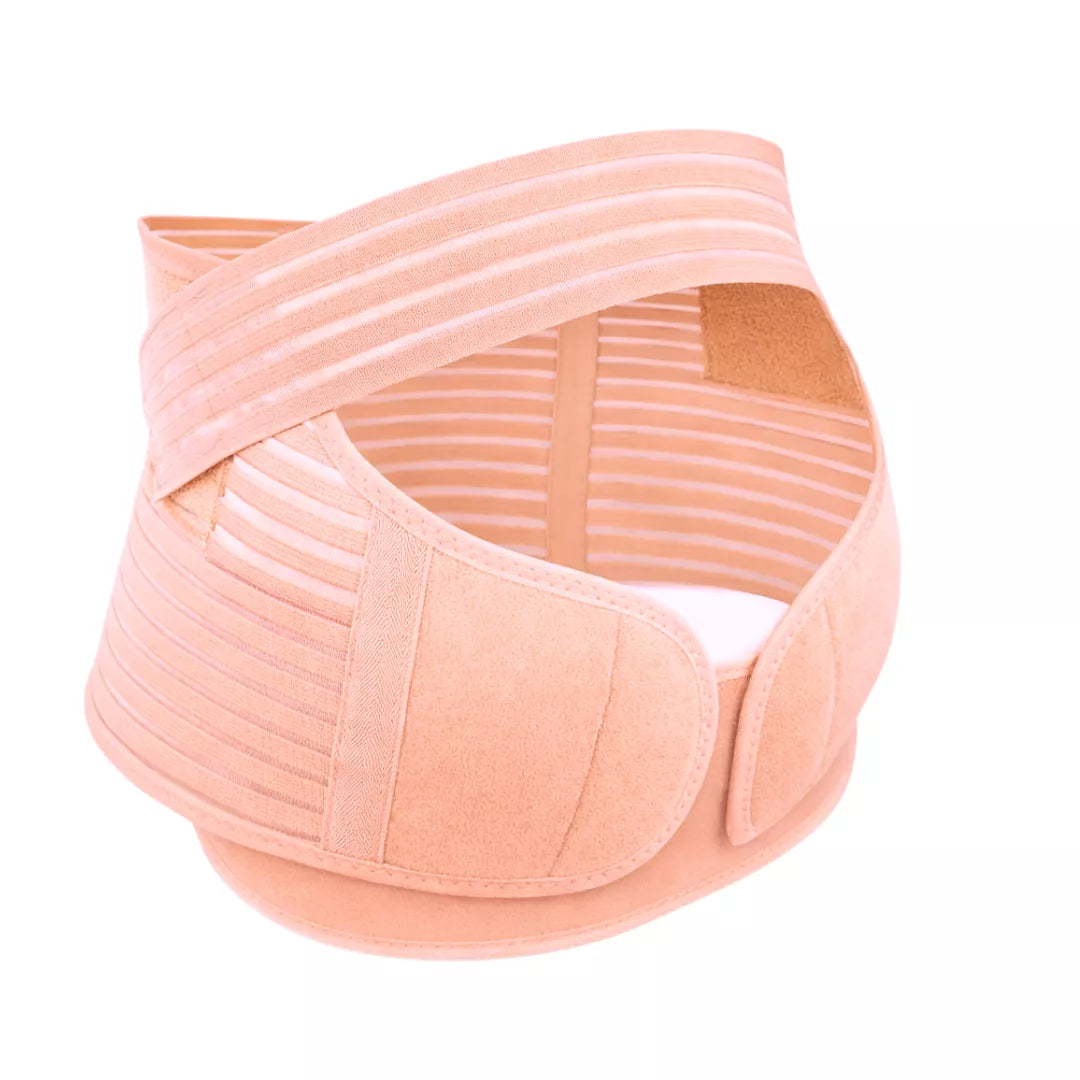 3-in-1 adjustable maternity belly support band that lifts the bump, reduces back and pelvis pressure on a white background.