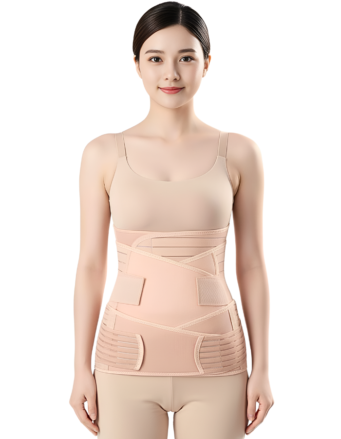 A woman wearing a beige 3-in-1 postpartum belly wrap for C-section recovery and a tummy support belt after childbirth.