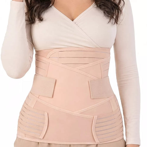 An Arab woman wearing a 3-in-1 postpartum recovery wrap on a white background.
