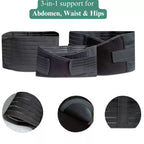 A 3-in-1 black adjustable postpartum tummy support belt with close-up details on a white background.