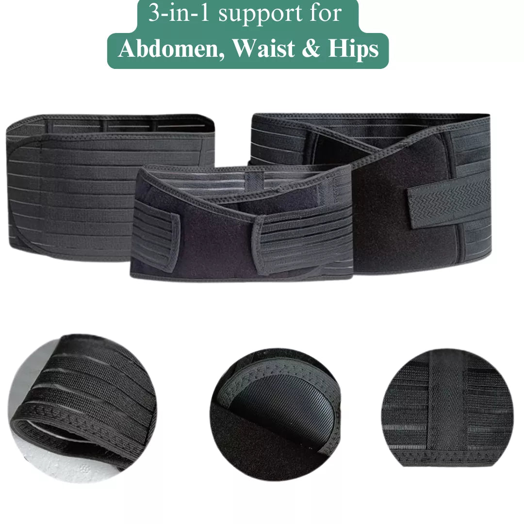 A 3-in-1 black adjustable postpartum tummy support belt with close-up details on a white background.