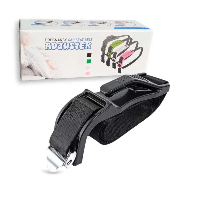 A black pregnancy car seat belt adapter with a product box displaying various color options on a white background.