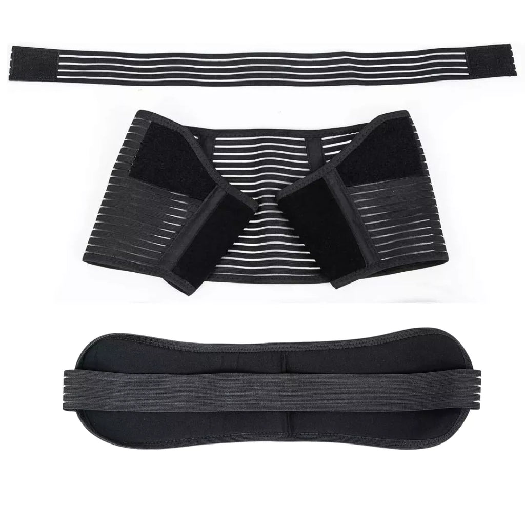 Black pregnancy belly support band with elastic cushion pad and adjustable tummy strap, shown in three views.