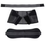 Black pregnancy belly support band with elastic cushion pad and adjustable tummy strap, shown in three views.