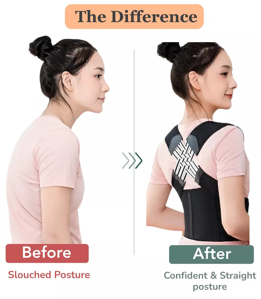 Before and after comparison of a woman wearing a posture corrector belt showing slouched and straight posture.