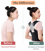 Before and after comparison of a woman wearing a posture corrector belt showing slouched and straight posture.
