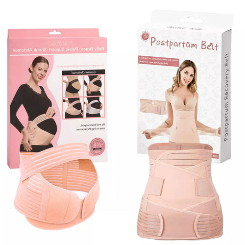 Beige postpartum girdle with 3-in-1 belly support belt bundle with retail packaging on a white background.