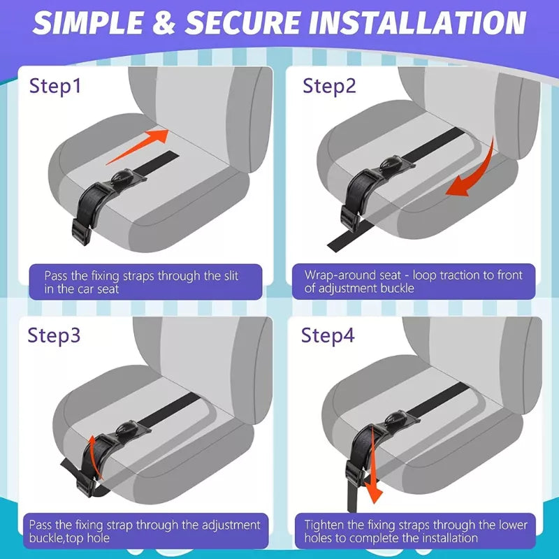 Step by step installation guide showing how to install a pregnancy seat belt adapter on a car seat using fixing straps and adjustment buckle.