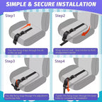 Step by step installation guide showing how to install a pregnancy seat belt adapter on a car seat using fixing straps and adjustment buckle.