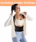 Woman wearing a black posture corrector brace under a white shirt, showing discreet back support on a white background.