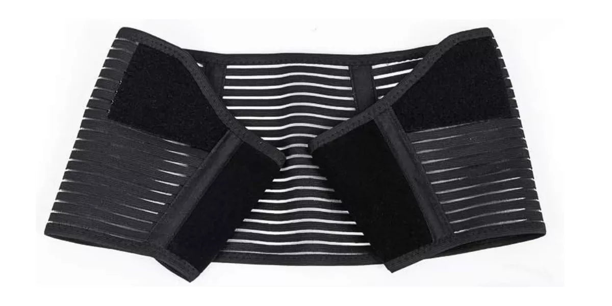 A maternity back support belt wraps around lower back, reduces back pain and pressure during pregnancy on white background. 