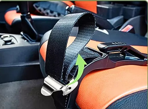 Step 3 of installing a pregnancy seat belt adjuster — thread the strap through to position the lap belt under the belly.