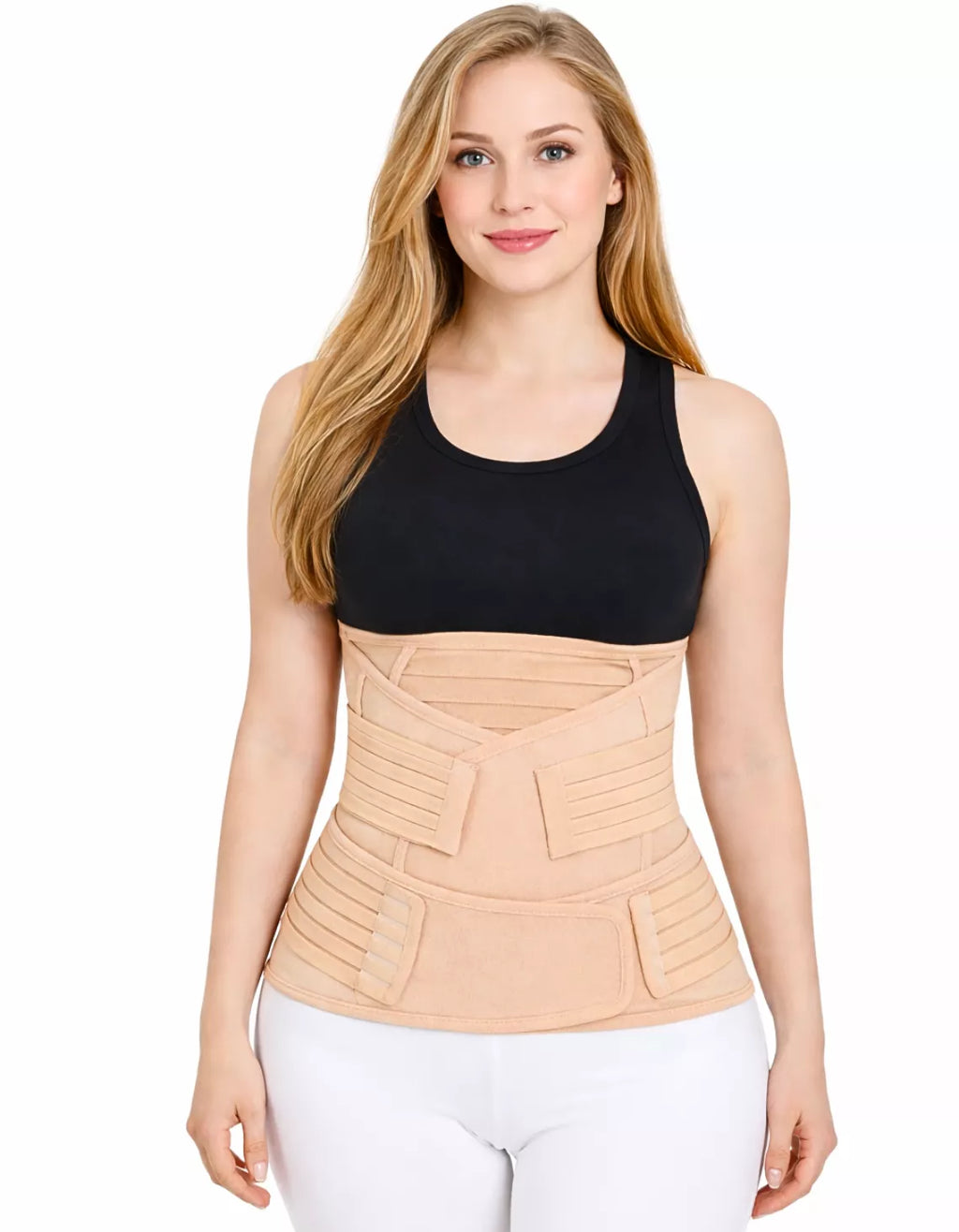 A woman wearing a beige postpartum abdominal compression wrap for targeted waist and hip support on a white background.