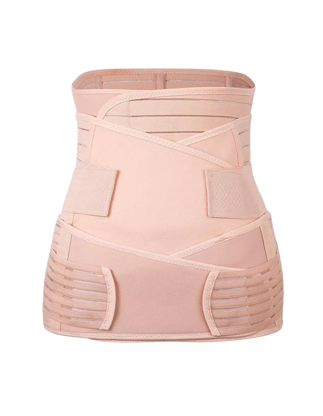 A postpartum recovery girdle with adjustable abdominal, waist, and hips support belts on a white background.