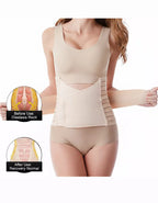 A woman wearing a beige abdominal waist support belt with before and after diagrams on a white background.