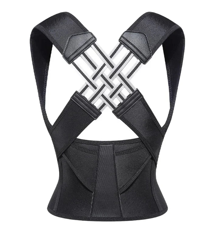 Black posture corrector back support brace on a white background