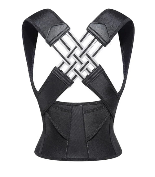 Black posture corrector back support brace on a white background