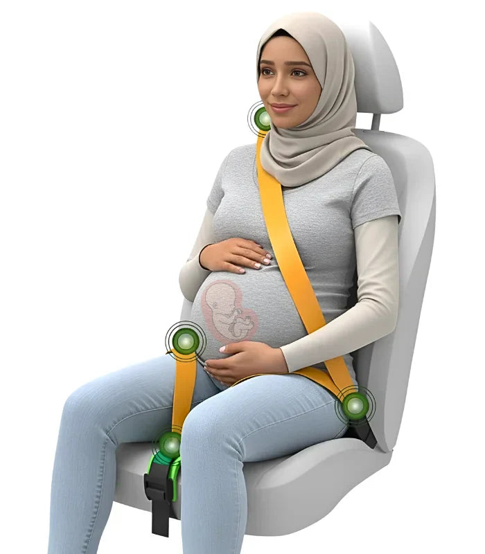 Pregnant woman sitting in a car seat using a pregnancy car seat belt adjuster that positions the lap belt under the belly.