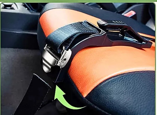 Step 2 of installing a pregnancy seat belt adjuster — clip the buckle onto the seat belt strap to hold it in place.