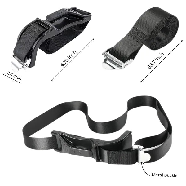 Maternity car safety belt adjuster, showing 2.4 x 4.75 in unit size and 68.7 in strap length, with metal buckle and secure clip.